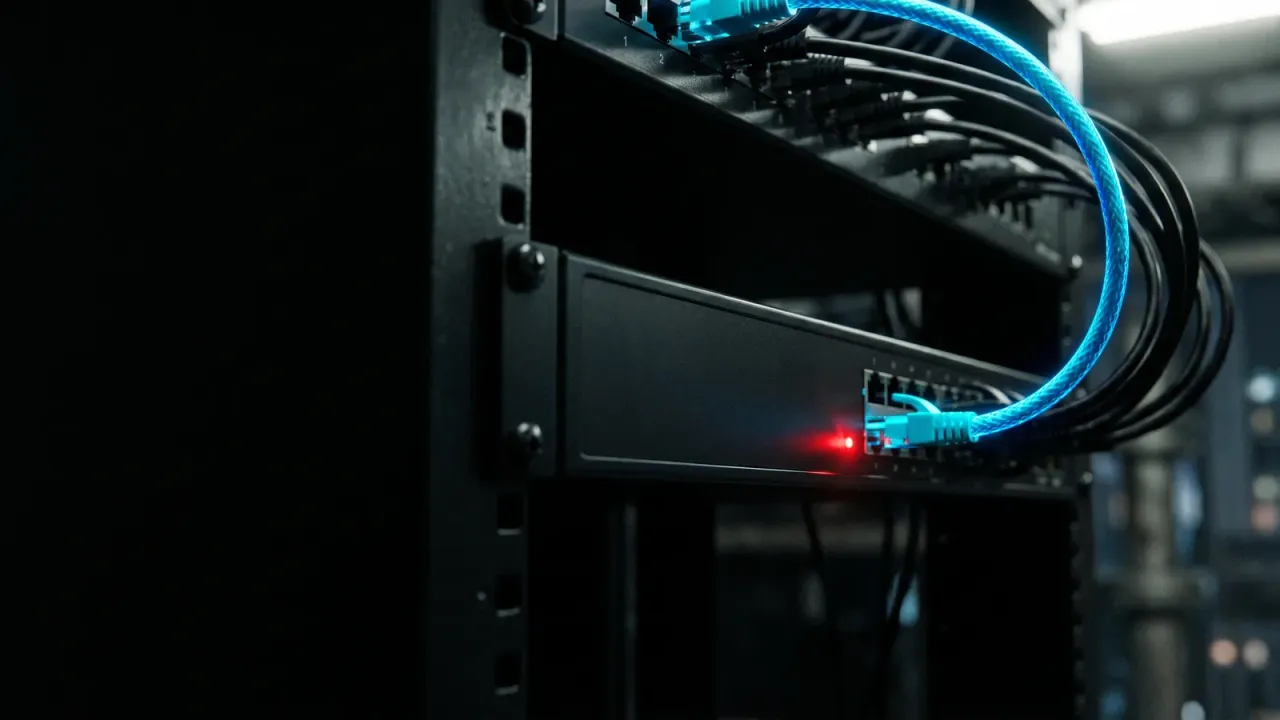A network switch with one cyan ethernet cable isolated from the bundle and a red warning LED