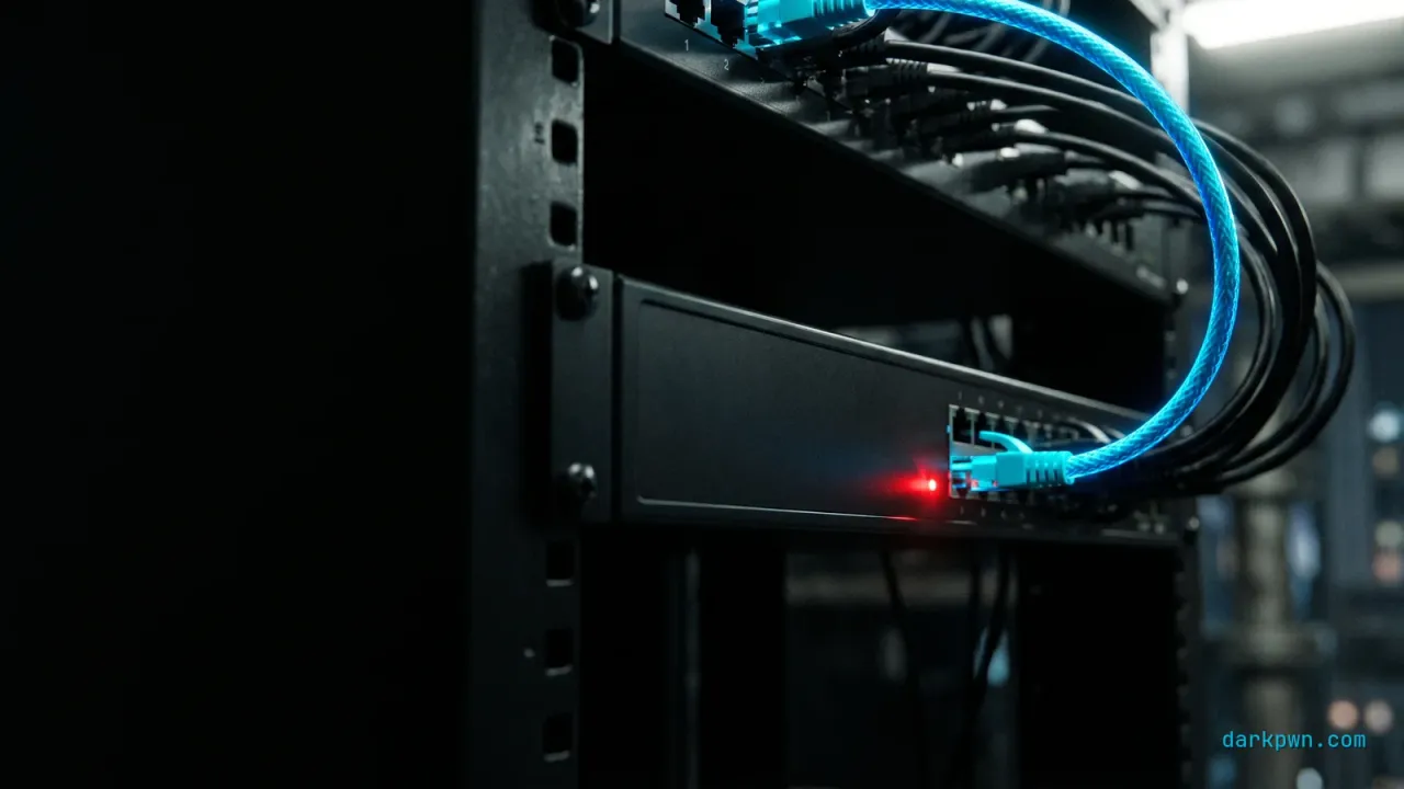 A network switch with one cyan ethernet cable isolated from the bundle and a red warning LED