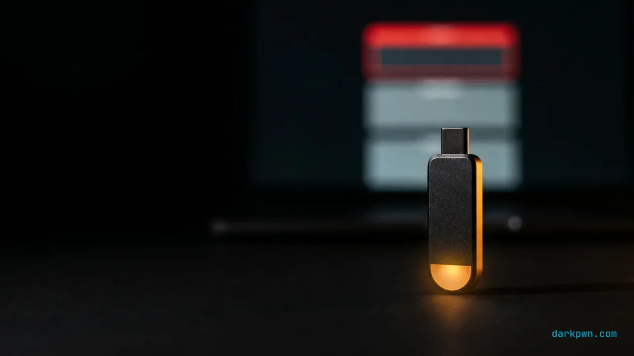 A hardware security key on a black workbench beside a screen showing a segmented token, one segment edged in red