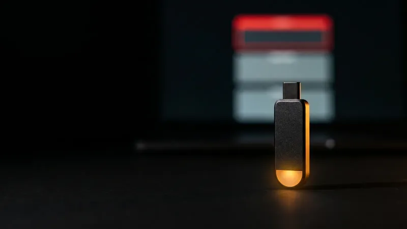 A hardware security key on a black workbench beside a screen showing a segmented token, one segment edged in red