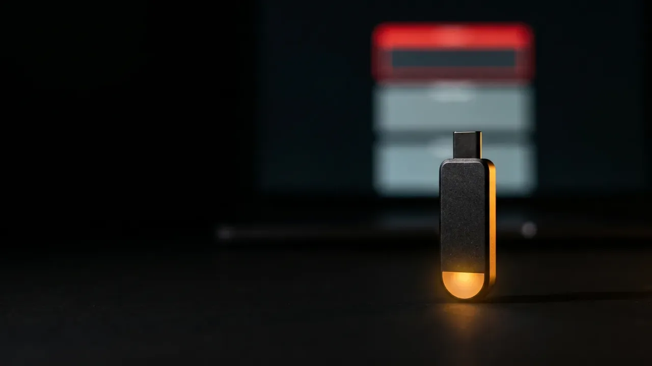 A hardware security key on a black workbench beside a screen showing a segmented token, one segment edged in red