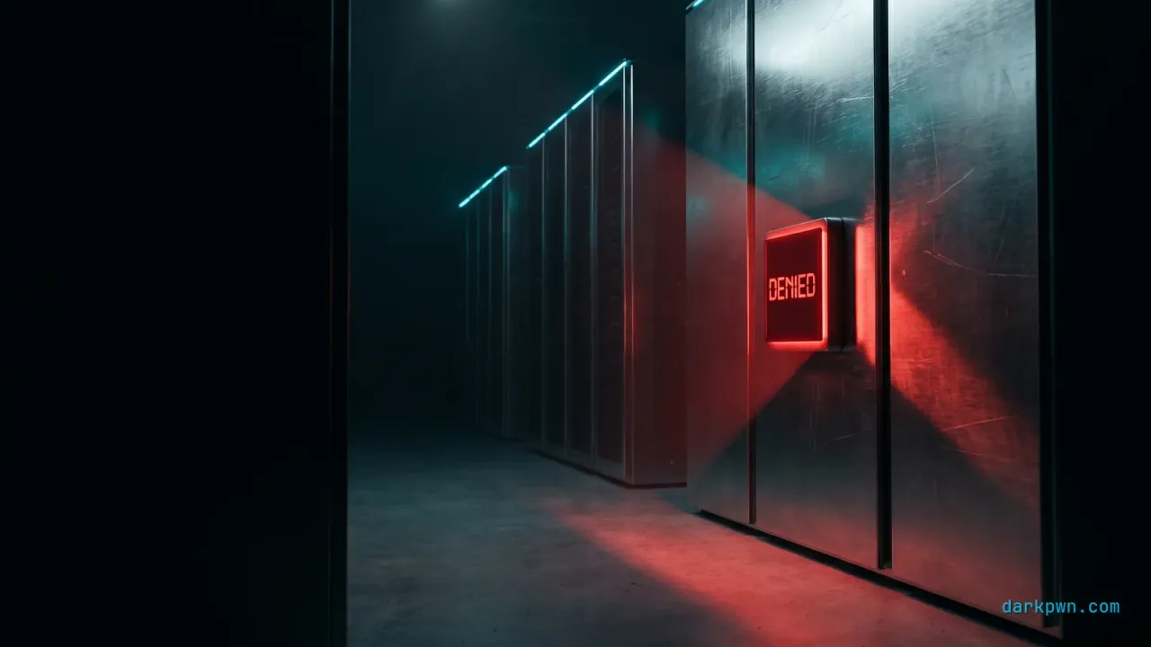 A server-room corridor of steel racks with a wall-mounted keycard reader glowing red denied