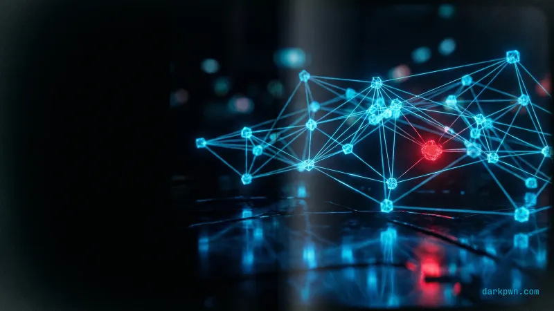 A glowing cyan node graph over a dark surface with one node pulsing red for unauthorized access