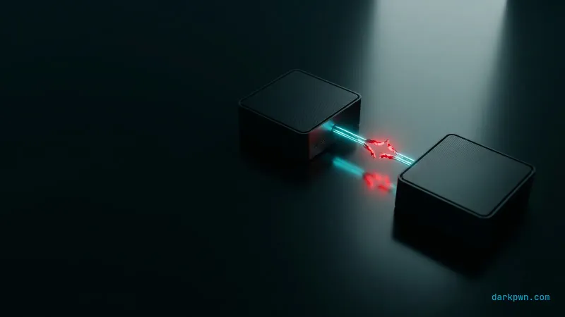 Two dark server nodes joined by a glowing cyan link with one red broken segment representing a redirect hijack