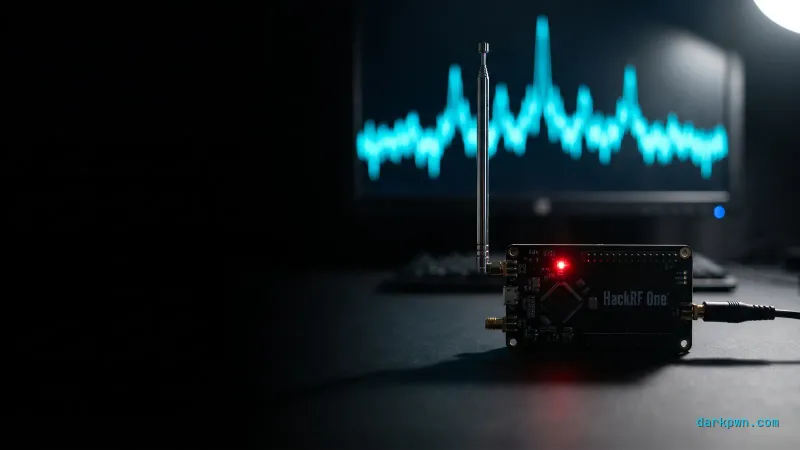 A HackRF One software-defined radio on a dark workbench with an antenna and a cyan spectrum waveform behind it