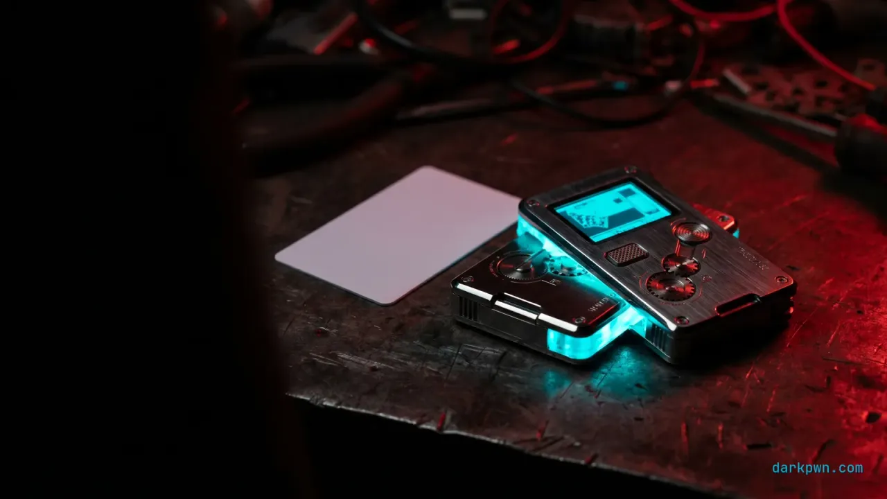 A Flipper Zero device with its screen lit beside an NFC access card on a dark workbench