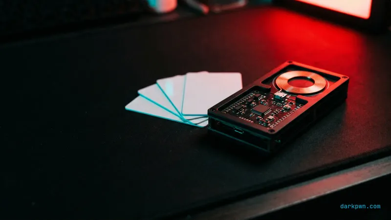 A Proxmark3 RDV4 device with RFID test cards on a dark workbench under low red light