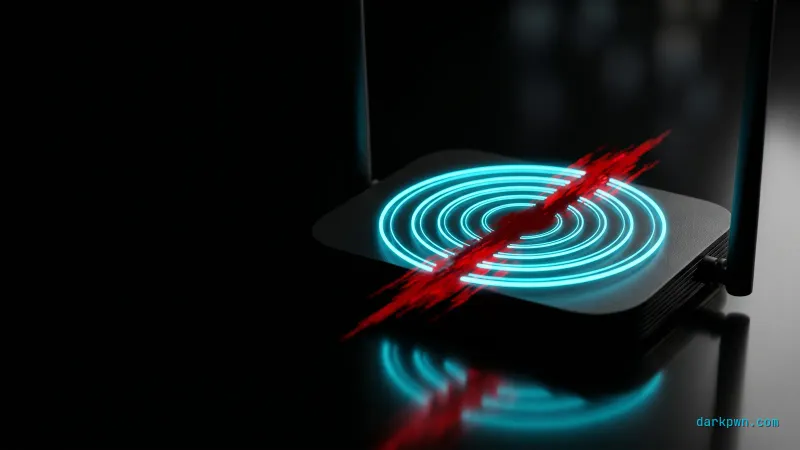 A wireless antenna emitting a cyan signal with a red burst representing a deauthentication flood on a dark background
