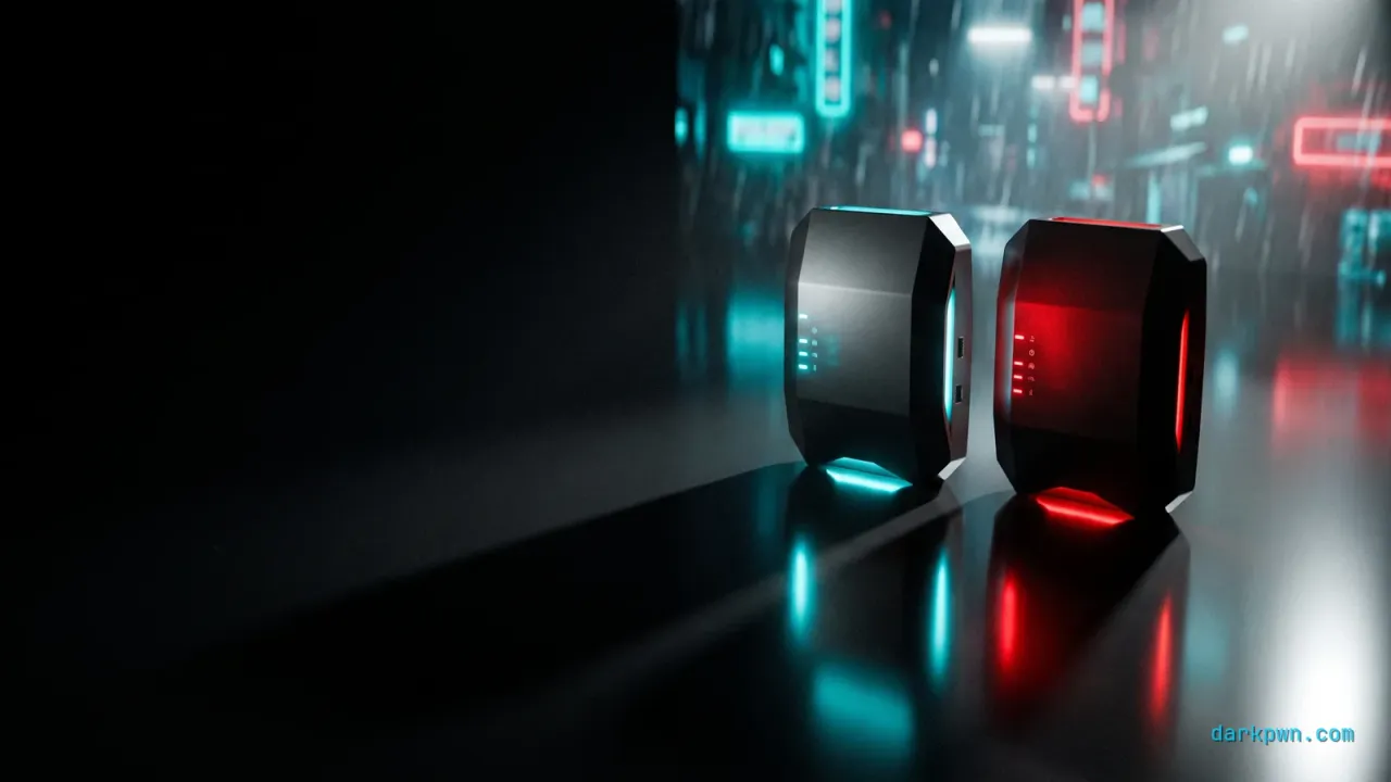Two identical wireless access points side by side on a dark surface, one glowing red as the rogue twin