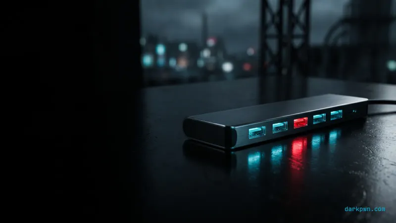 A USB dock with several ports, one port glowing red and blocked while the others glow cyan
