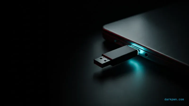 A hardware security key inserted into a laptop USB port glowing cyan on a dark desk
