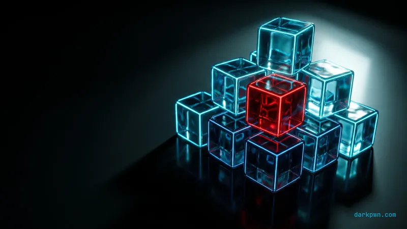 Glowing cyan container cubes stacked on a dark surface with one cube flagged red