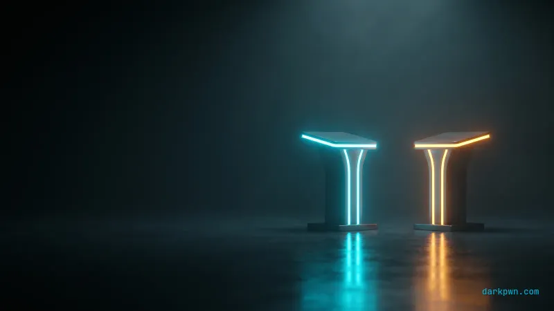 Two glowing training-arena platforms on a dark surface, one lit cyan and one amber, facing off