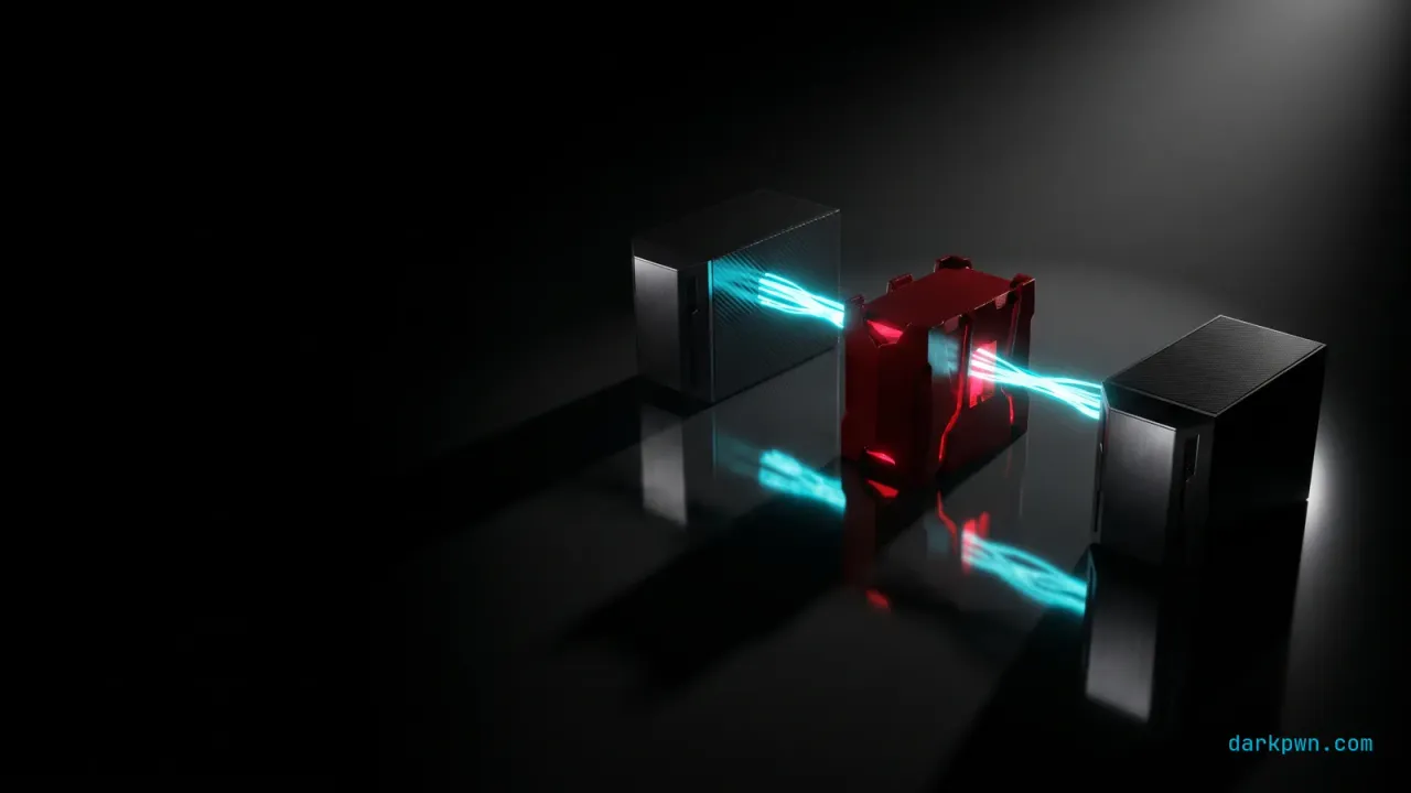 Two servers exchanging a cyan authentication flow intercepted by a red node in the middle, representing an NTLM relay