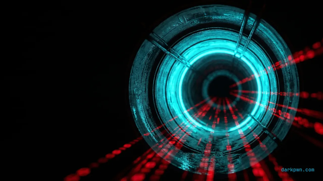 A glowing cyan tunnel on a dark background with red data packets flowing through it, representing covert DNS exfiltration