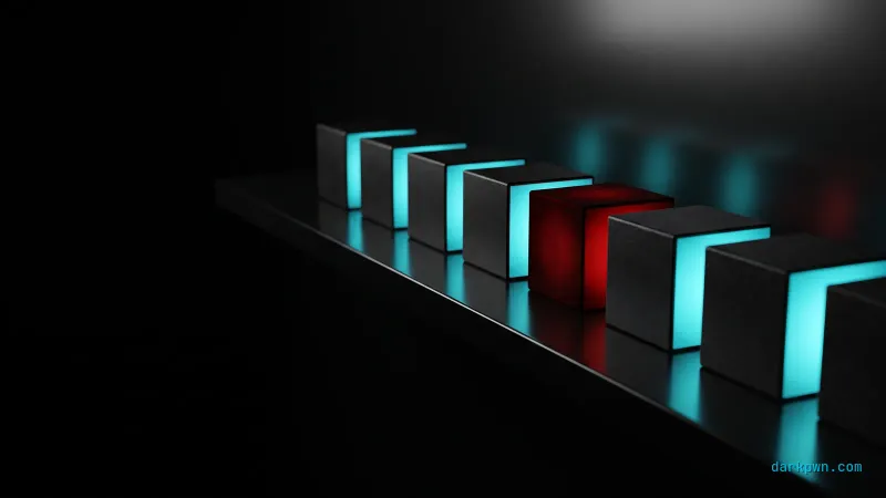 A row of identical cyan-glowing utility icons on a dark shelf with one glowing red, representing a trusted binary turned malicious