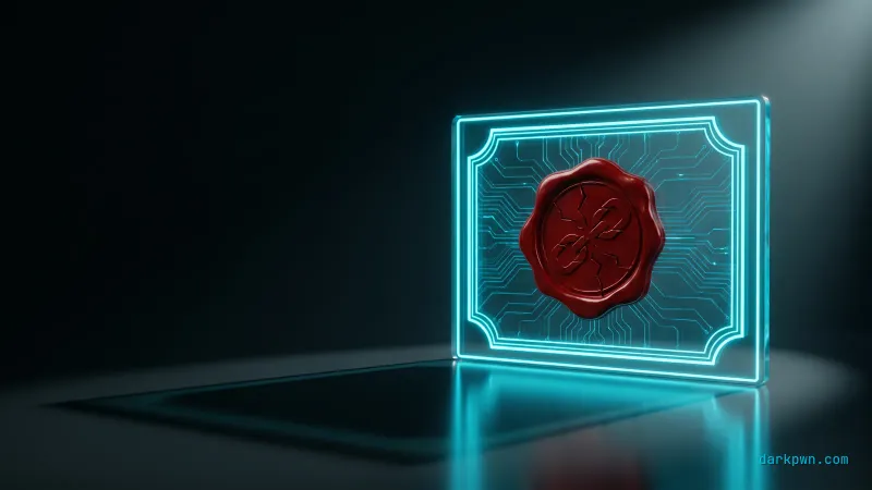 A glowing cyan digital certificate on a dark surface stamped with a red forged seal, representing AD CS certificate abuse