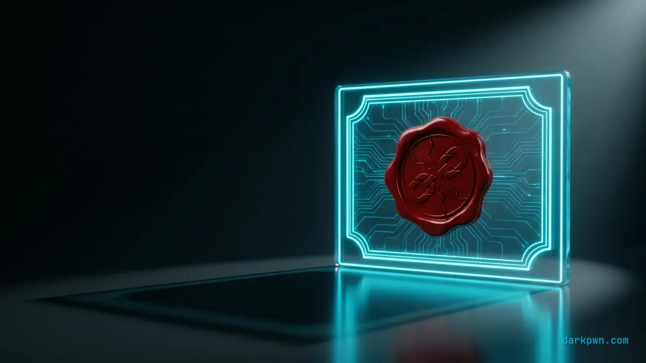 A glowing cyan digital certificate on a dark surface stamped with a red forged seal, representing AD CS certificate abuse