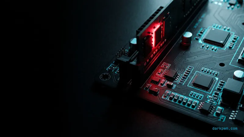 A dark motherboard with one red rogue chip module inserted among cyan-glowing components, representing a malicious driver