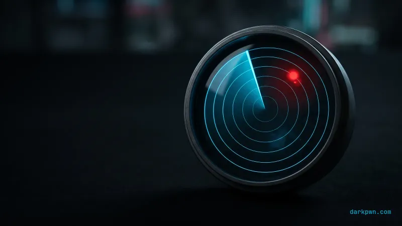 A dark radar scope sweeping in cyan over a field with one red blip, representing structured threat hunting