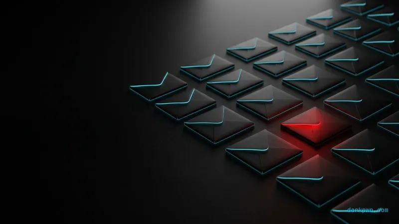 A dark grid of cyan-glowing envelopes with one red flagged envelope, representing phishing detection