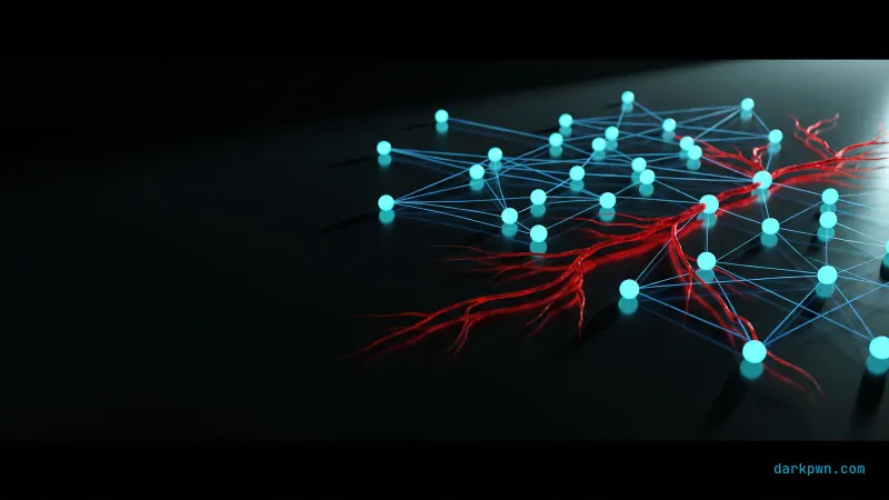 A network of cyan nodes on a dark surface with a red path spreading across them, representing lateral movement