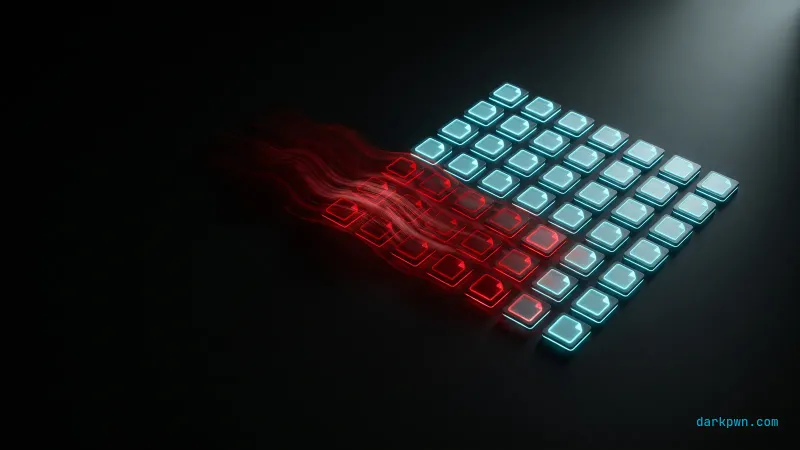 A dark grid of cyan document icons with a red wave encrypting them, representing ransomware early-warning detection