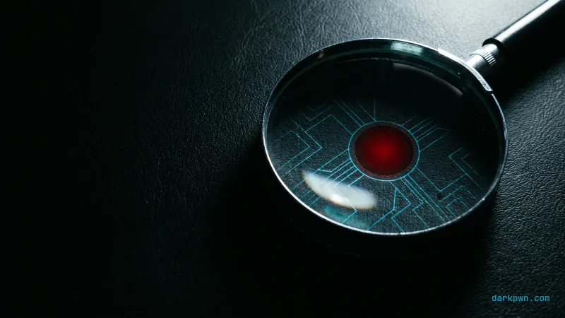 A magnifier lens over a dark surface highlighting one red matched pattern among cyan data, representing YARA signature matching