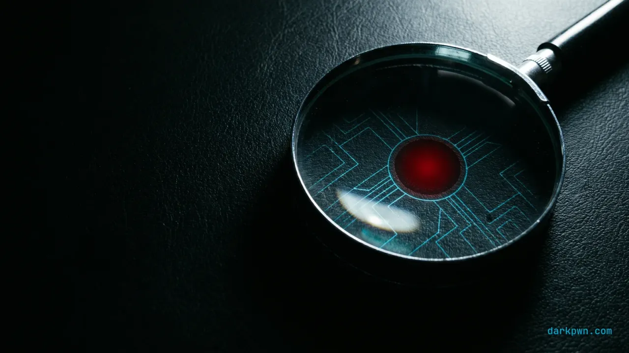A magnifier lens over a dark surface highlighting one red matched pattern among cyan data, representing YARA signature matching