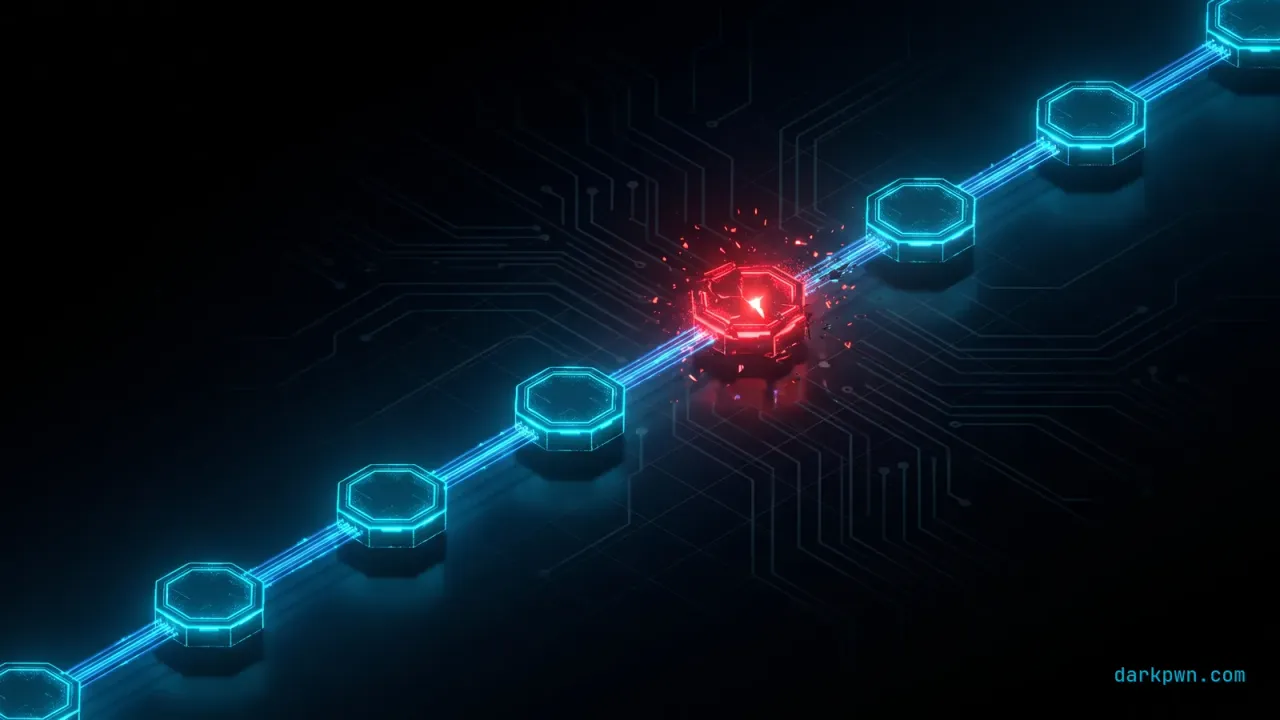 A dark chain of cyan-lit package nodes with one corrupted red link, representing supply chain attack detection