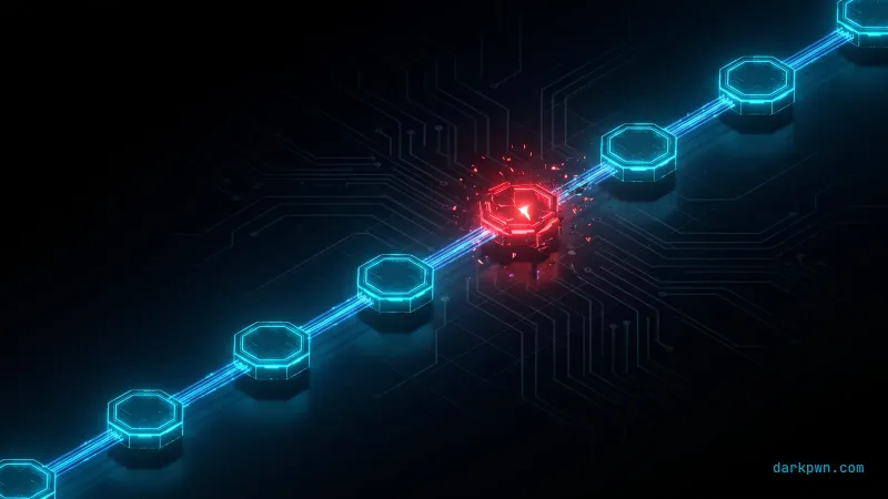 A dark chain of cyan-lit package nodes with one corrupted red link, representing supply chain attack detection