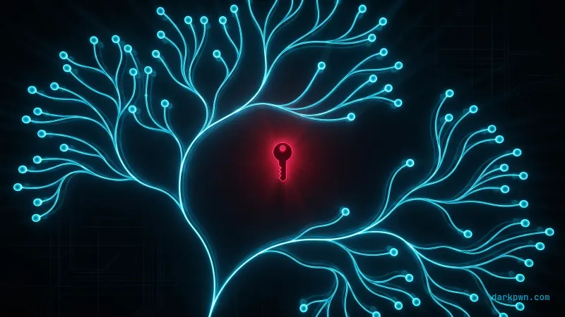 A dark repository tree with cyan commit nodes and one exposed red key glowing in the history, representing secrets detection