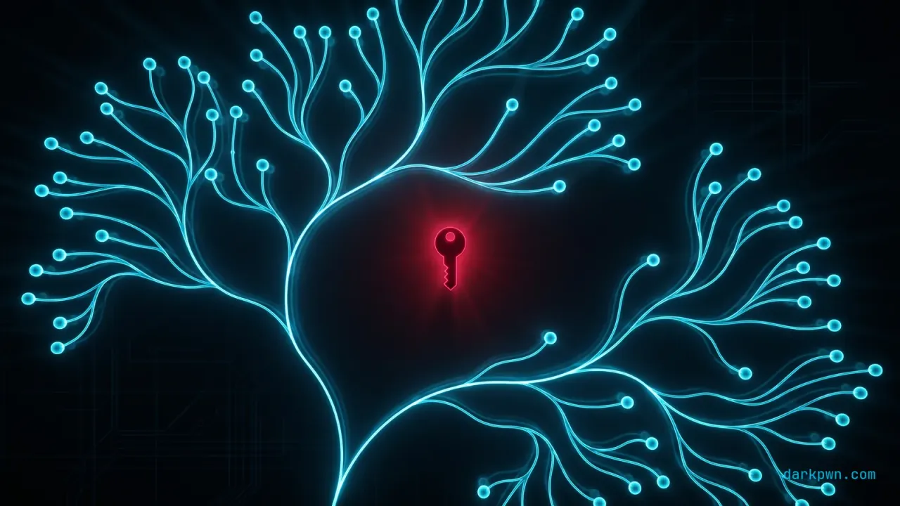 A dark repository tree with cyan commit nodes and one exposed red key glowing in the history, representing secrets detection