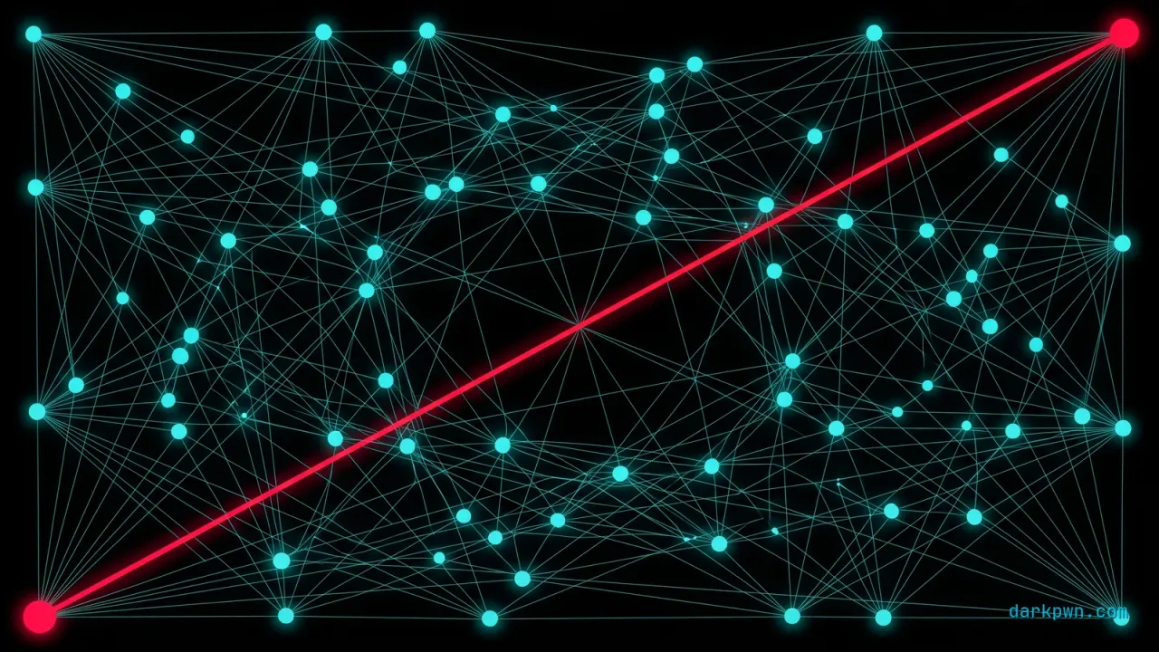 A dark mesh of cyan-linked service nodes with one red unauthorized call crossing the grid, representing east-west detection