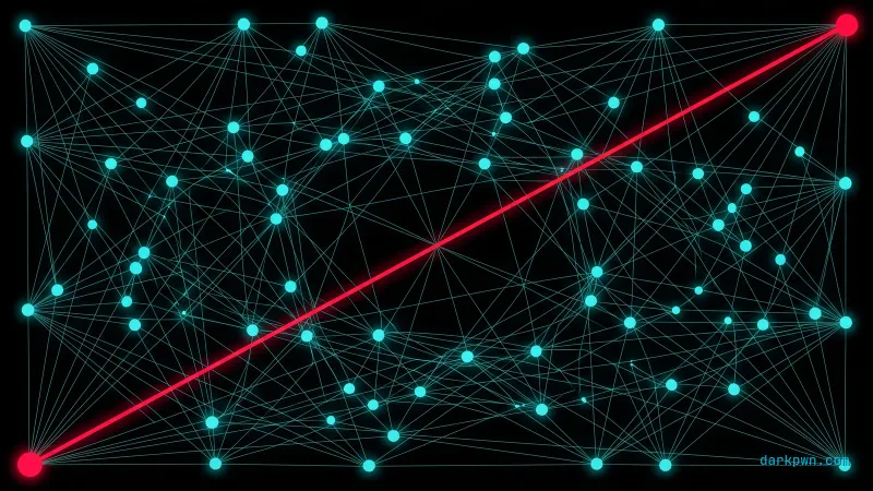 A dark mesh of cyan-linked service nodes with one red unauthorized call crossing the grid, representing east-west detection